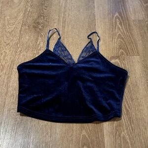 Navy Velvet Crop Top with Lace Detail